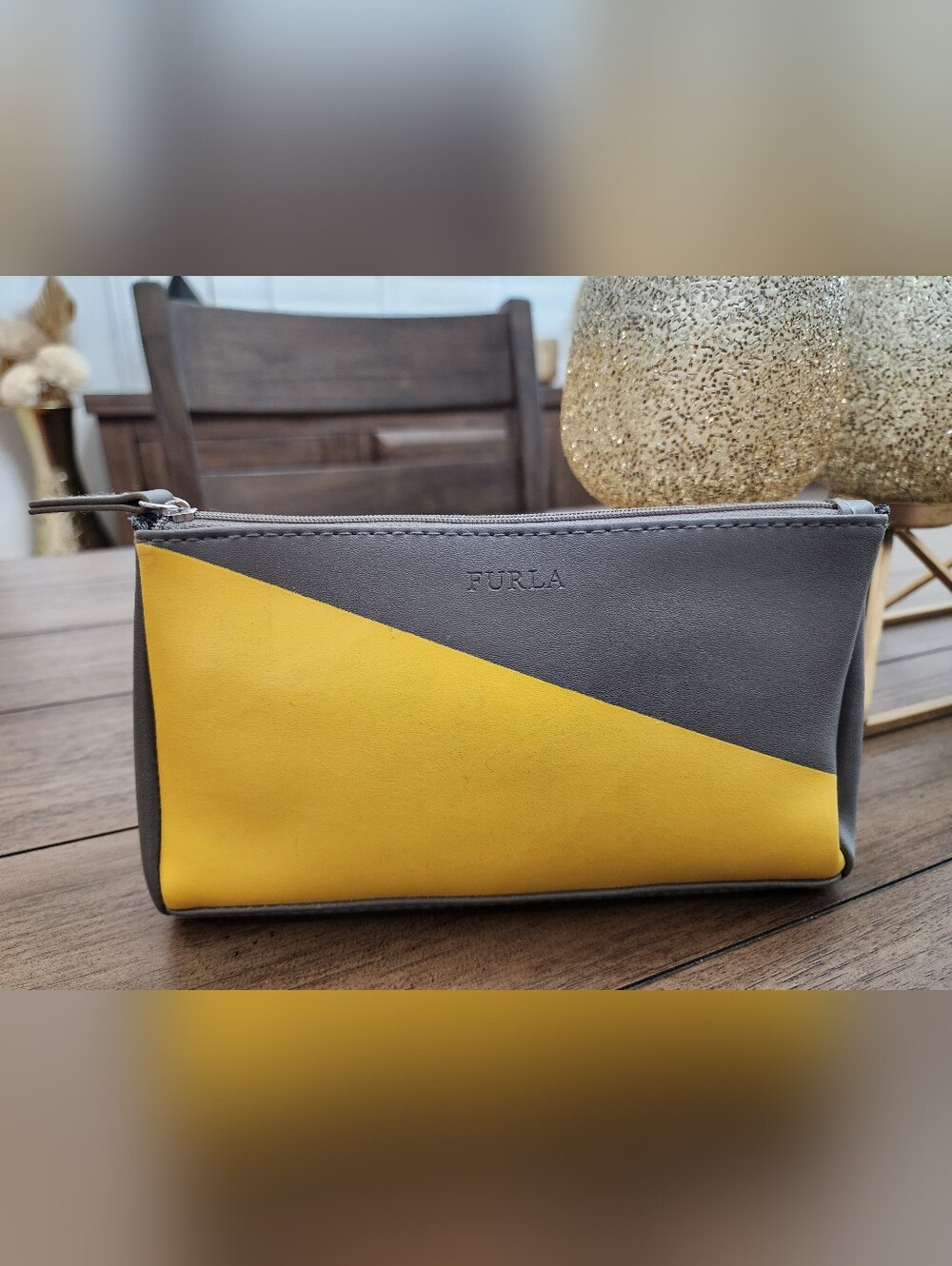 Furla Eva Air Amenitie Gray and Yellow Small Zip Cosmetic Pouch